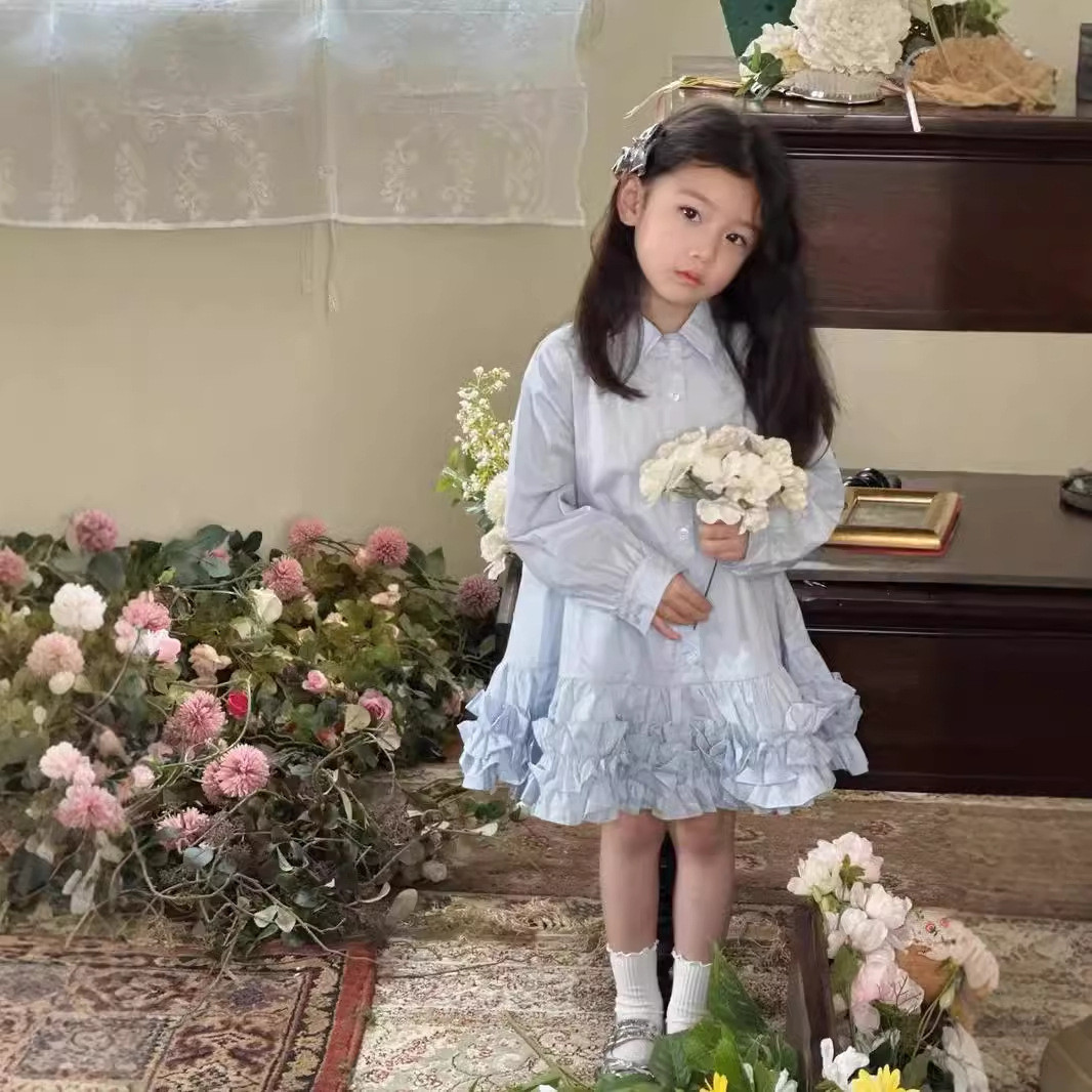 女童裙子长袖衬衫领拼接连衣裙蛋糕裙2025春秋装新款外贸装3-8岁