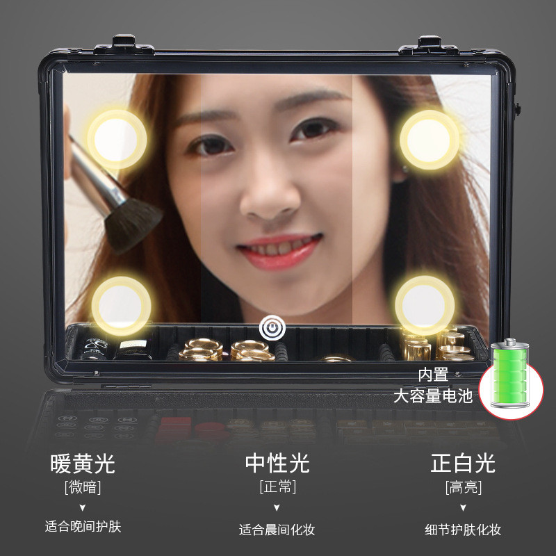 化妆箱拉杆带LED灯大容量带镜子高端跟妆收纳箱美甲纹绣工具箱pvc