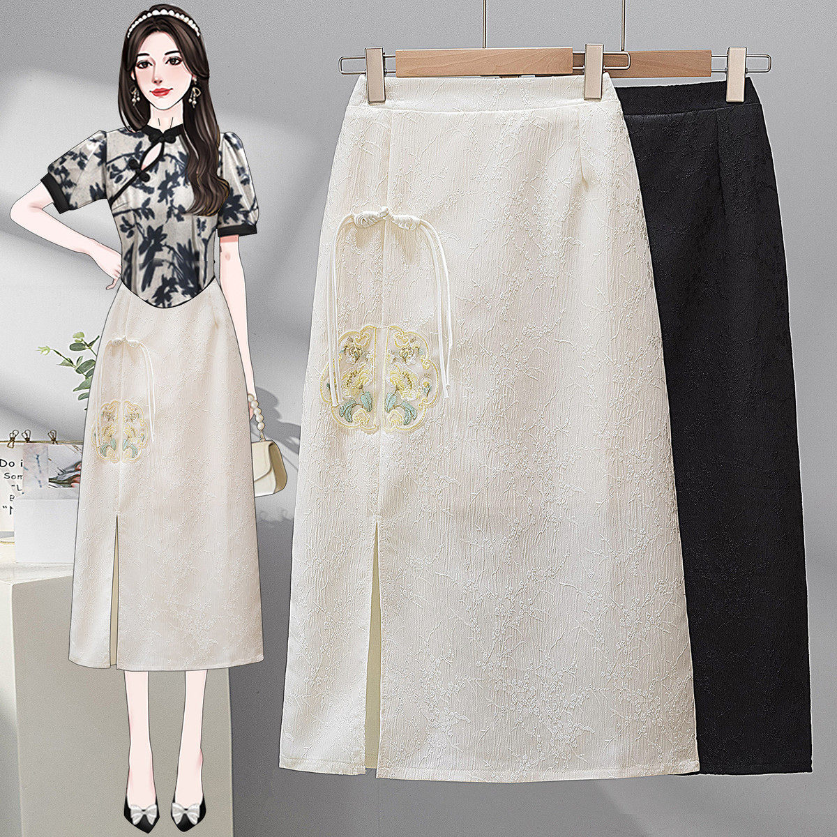 新中式国风提花缎面女夏季大码高级感中长款开叉直筒包臀裙,女装/女士精品,大码半身裙,淘宝优惠券,粉丝福利购,淘宝优惠卷