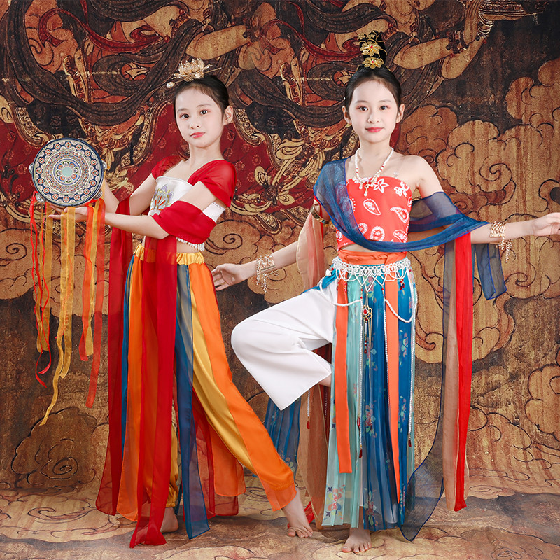推荐敦煌飞天乐鼓舞蹈服儿童楼兰风古典汉服古装妙音反弹琵琶表演