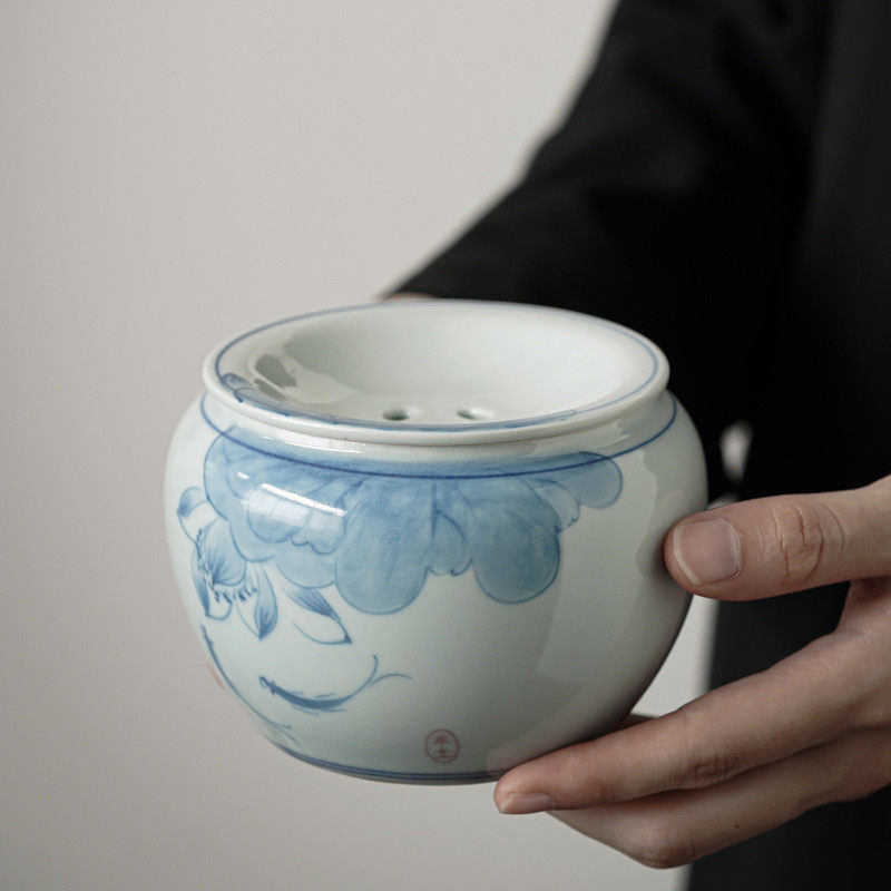 手绘青花建水小茶渣桶废茶水水盂仿古功夫茶具配件茶洗茶渣缸茶盂