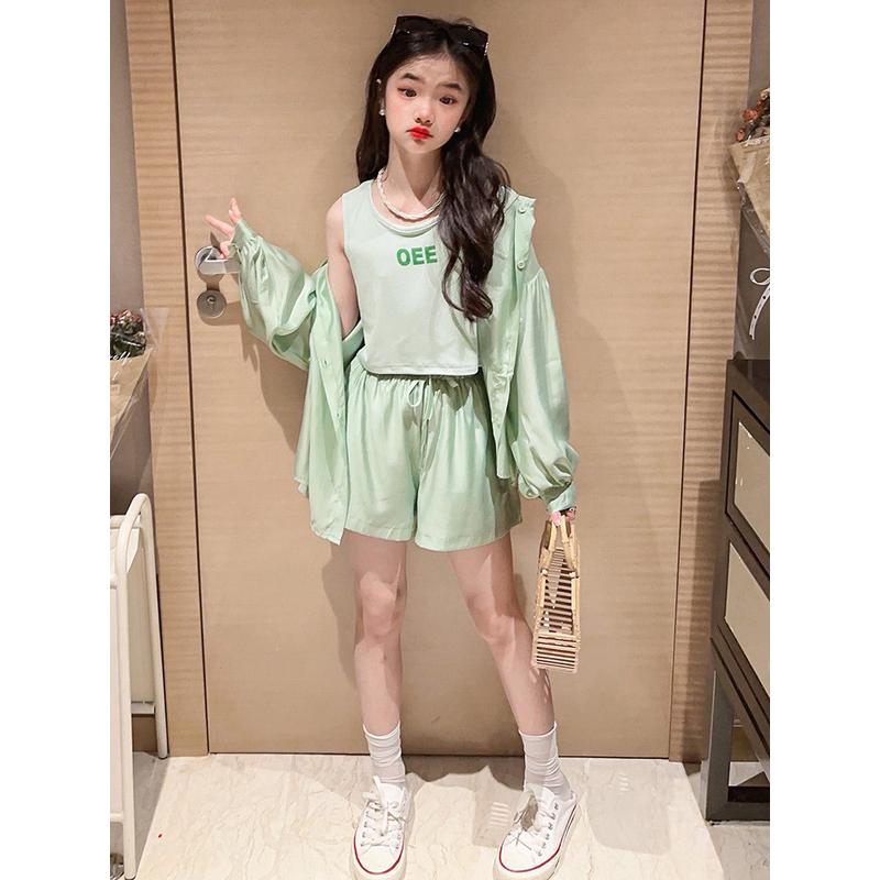 女童防晒衣套装2024新款儿童套装洋气轻薄皮肤衣中大童防晒三件套