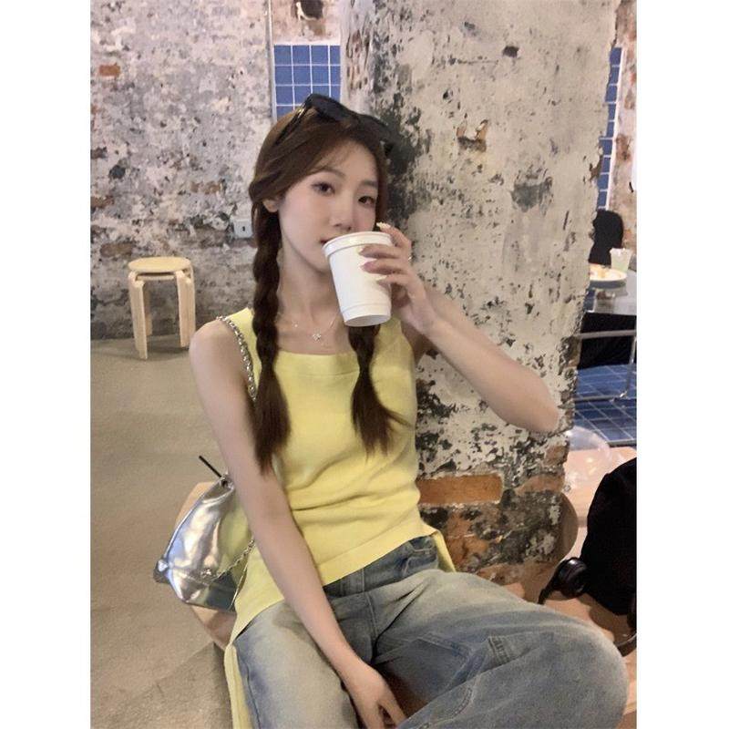 新品夏日多巴胺音乐节穿搭黄色绑带性感吊带背心女夏外穿露肩无袖