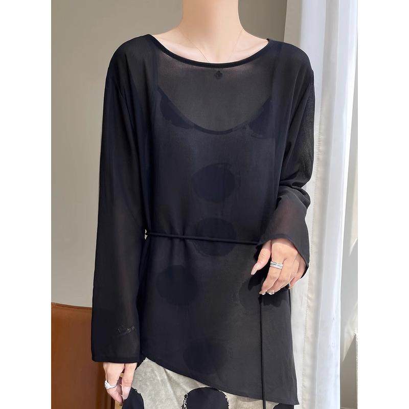 法式轻薄微透圆领长袖衬衫女宽松开叉外搭空调衫设计感,女装/女士精品,真丝上装,淘宝优惠券,粉丝福利购,淘宝优惠卷