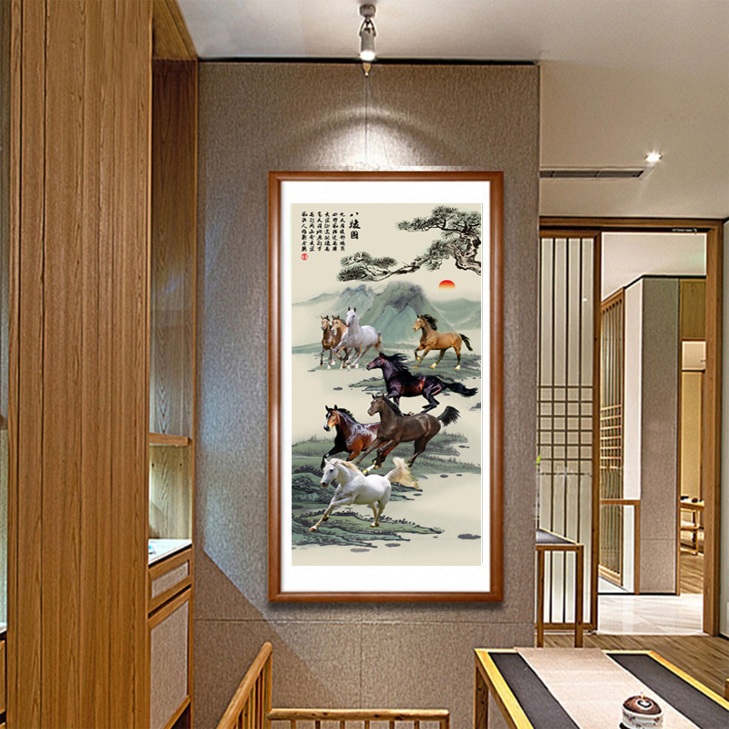 八骏图挂画玄关装饰画竖版过道马到成功油画万马奔腾挂画客厅国画