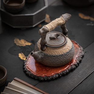 粗陶鎏金麻绳提梁壶日式枯木造型手工防烫家用陶瓷泡茶壶