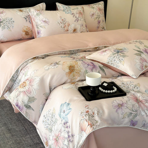 高级感国风莱级50支母婴赛尔天丝四件套数码印花床单被套批发