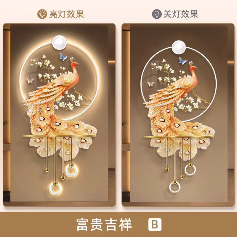 壁画轻奢孔雀玄关装饰画寓意好led灯光挂画走廊尽头对门艺术现代图片