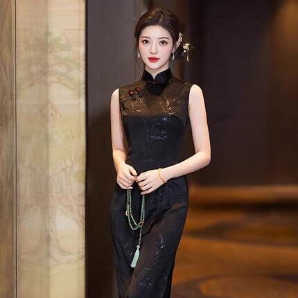 直销2025新款年轻款黑色无袖国风中式长款改良旗袍女复古修身气质