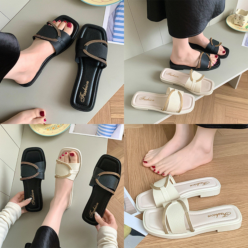 露趾拖鞋女士韩版外穿居家平底一字防滑凉拖海边休闲甜美风沙滩鞋