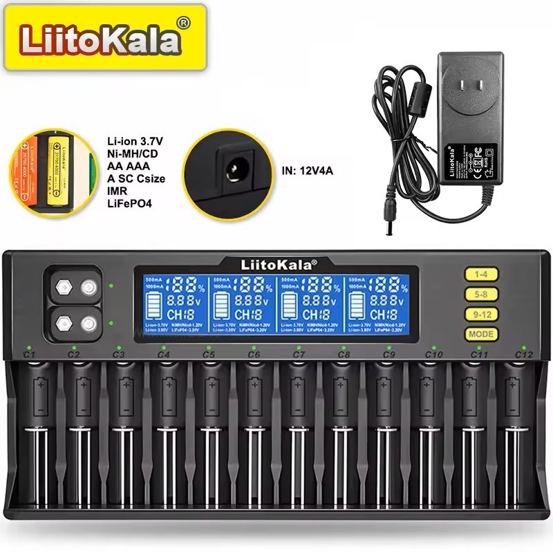 批发LiitoKalalii-S1212槽LCD显示屏1865/21700/9V电池充电器