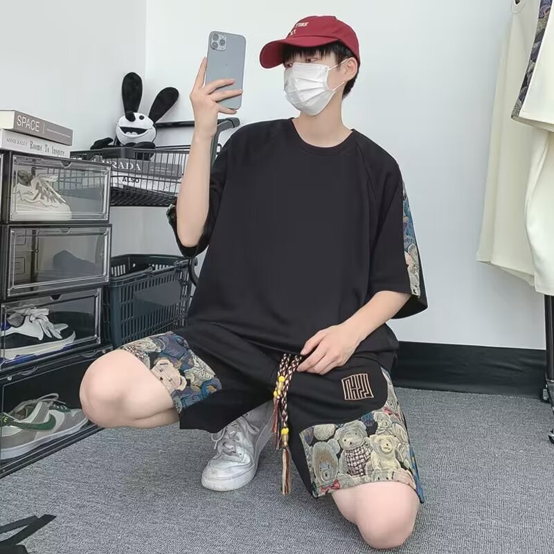 夏季新款中国风套装男宽松时尚帅气搭配潮牌短袖t恤短裤两件套潮