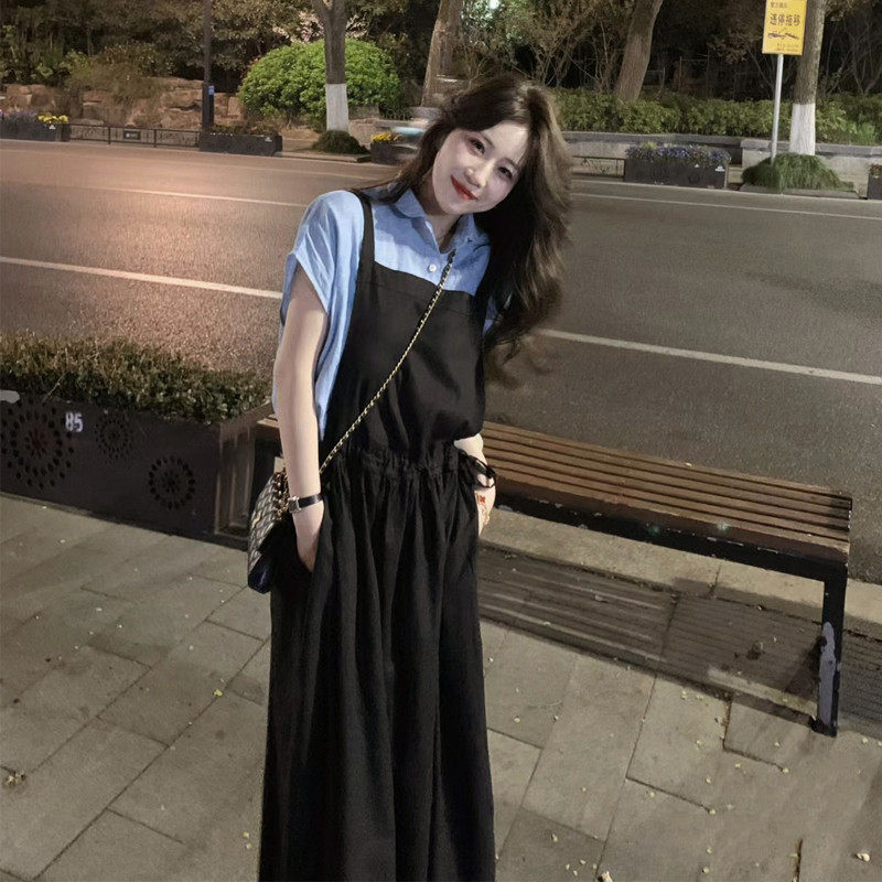 茶歇法式黑色女夏季韩系减龄显瘦蓝色衬衣背带裙两件套