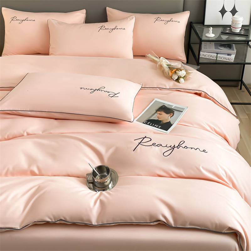 纯色轻奢四件套高级风床单家用双拼被套水洗棉刺绣字母被套三件套