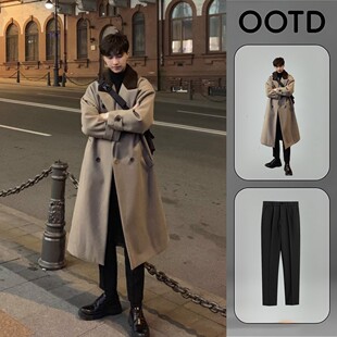 冬季新款毛呢大衣男士中长款过膝男款呢子风衣男韩版宽松套装