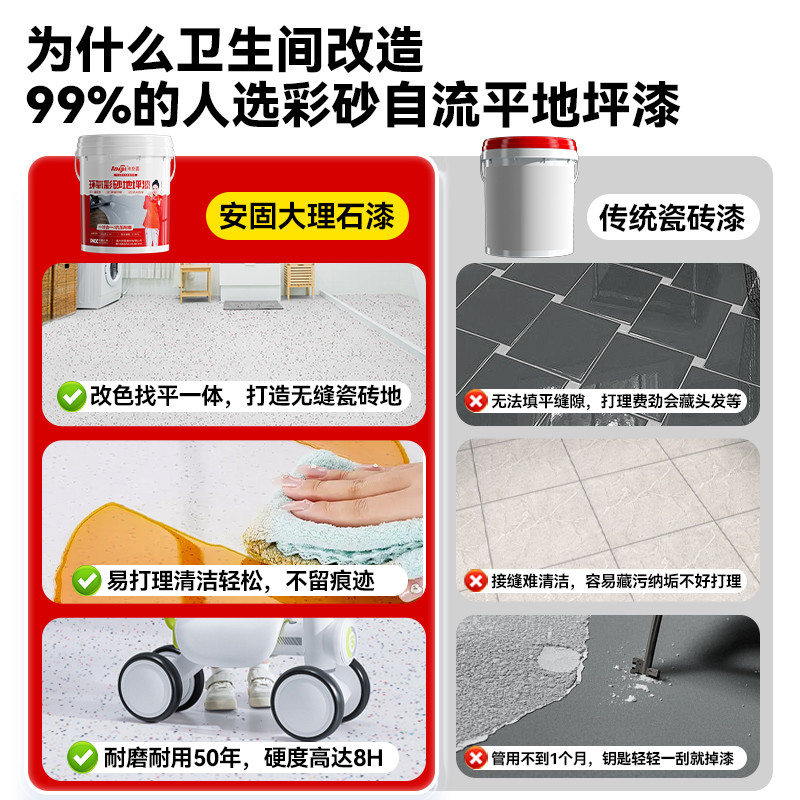 卫生间环氧彩砂地坪漆自流平仿大理石水泥地面瓷砖家用内翻新改造