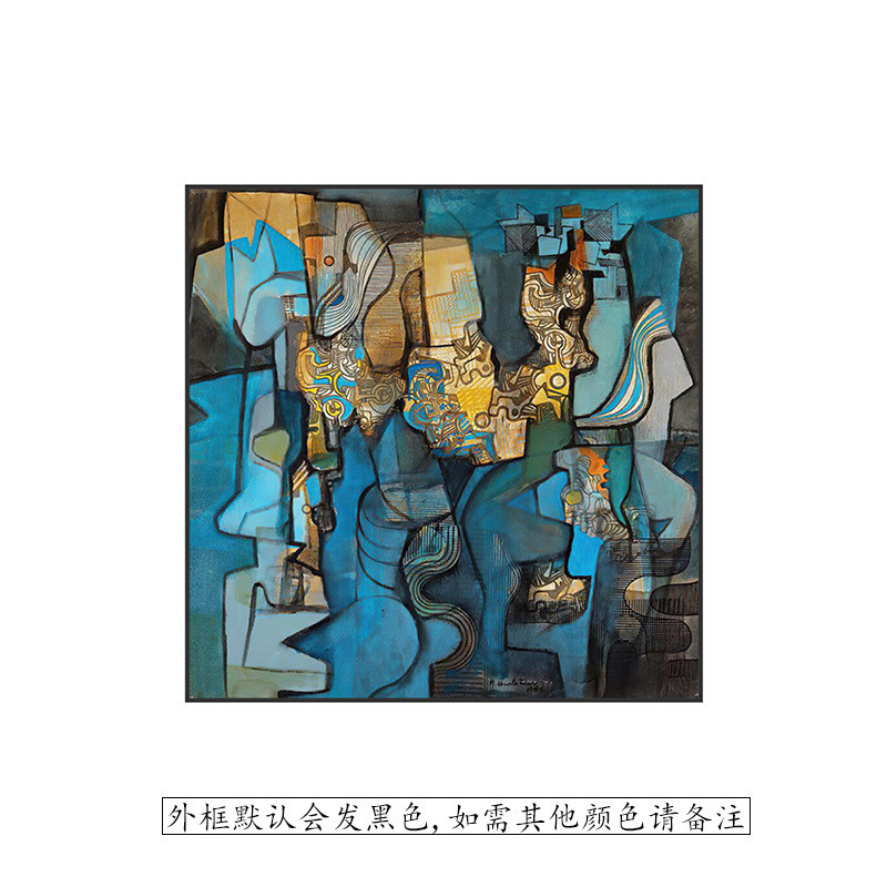 壁画复古抽象高级感蓝色现代轻奢客厅玄关装饰画背景墙壁方形挂画图片