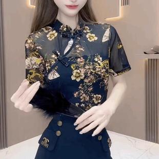 速发盘扣复古修身 网纱立领t恤国风 碎花蕾丝短袖 T恤女欧货25夏新款
