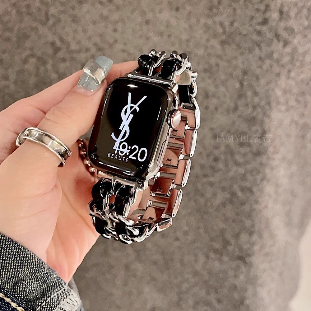 适用于applewatch表带 小香风百搭金属链带 现货双排链混皮表带