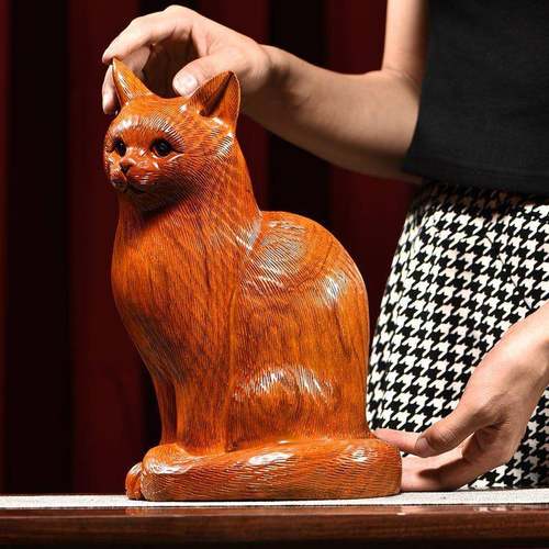木雕摆件小猫咪实木质雕刻可爱动物家居客厅办公书桌女友工艺礼品