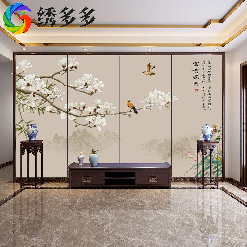 定制新中式床头刺绣硬包背景墙电视沙发餐厅酒店独喷绘墙布绣壁画