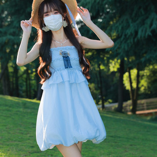 花崎鹿花苞裙鹿岛少女蓝色夏季新款蓬蓬裙甜美小个子