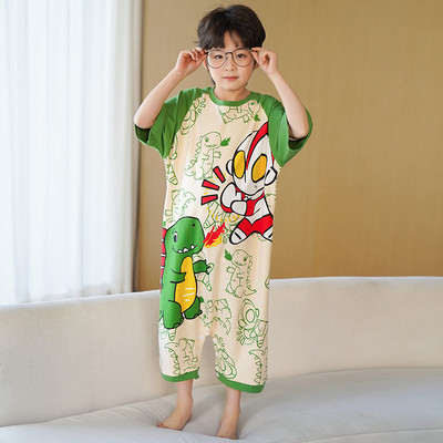 儿童连体恐龙睡衣2025新款春夏款纯棉男童宝宝大童防着凉睡袋夏季