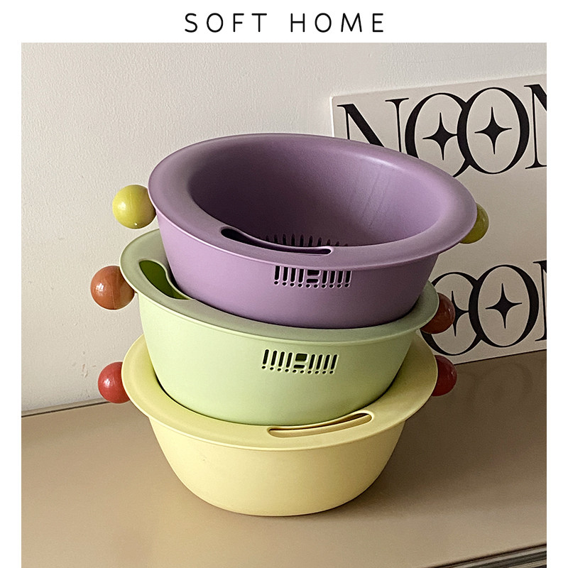 SOFTHOME现代简约双层加厚可爱圆形多巴胺家用洗菜水果收纳沥水篮