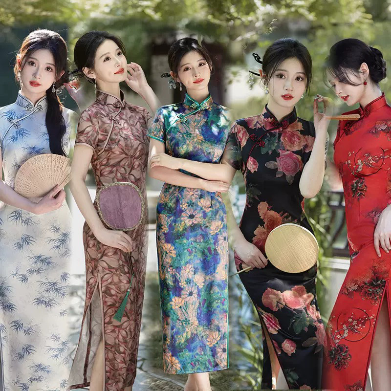 轻奢高货2025春夏新款旗袍长裙女装绸缎连衣裙复古修身时尚宴会演