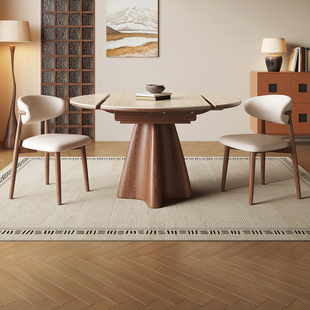 2025新款 洞石岩板伸缩餐桌可变圆桌家用复古风实木折叠方圆两用桌