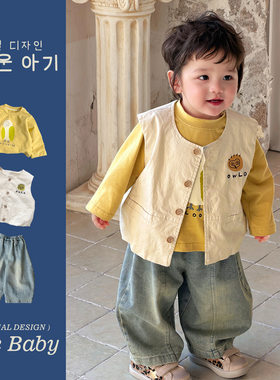 小阿七2026春款男孩长袖T恤牛仔裤儿童套装宝宝婴幼童马甲三件套