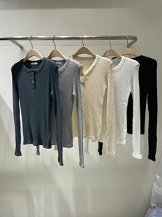 现TALK TALK韩国代购显瘦纯色长袖螺纹棉T恤女 2025春紧身打底衫