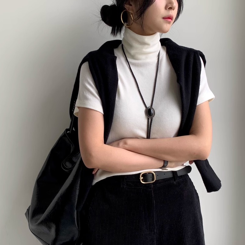 韩国纯色加厚高领短袖棉T恤女