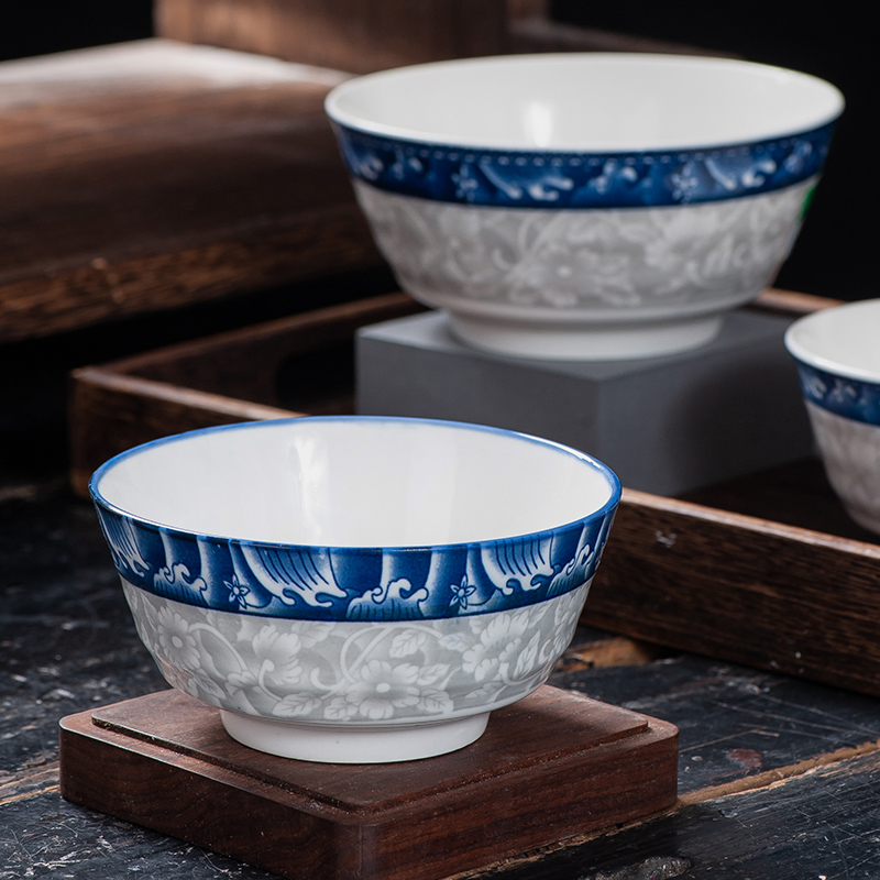 中式饭碗7英寸6家用吃饭瓷碗陶瓷碗单个4.5寸直口青花小碗餐具