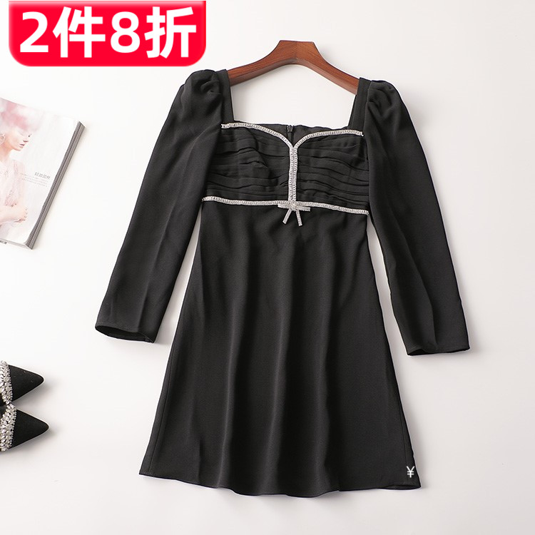 240950 秋连衣裙 深圳女钉钻礼服裙长款九分袖方领
