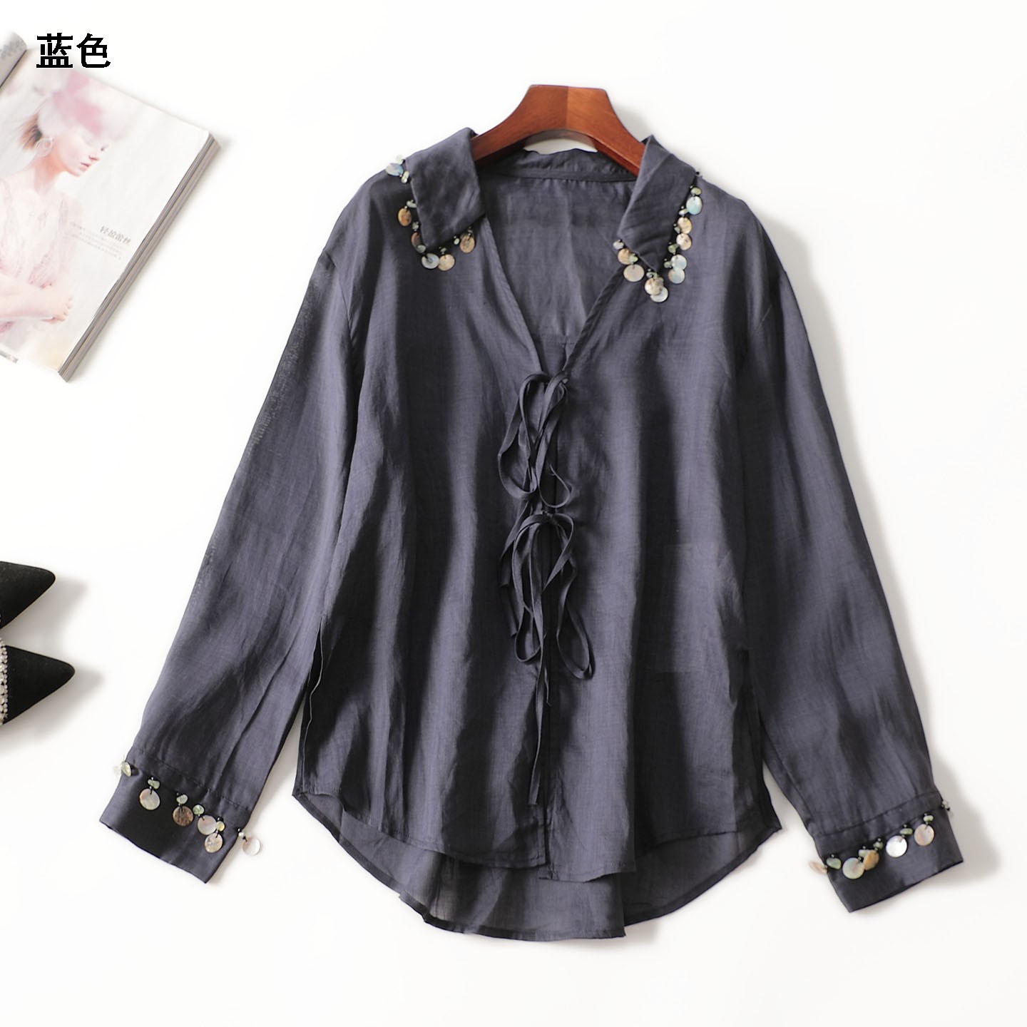 411673 秋天丝麻衬衫 女中长款长袖翻领