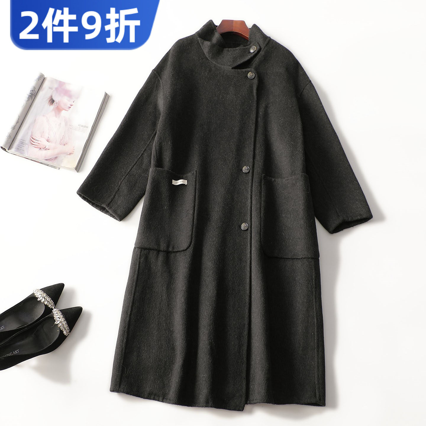 412700 冬双面呢大衣 女加长款九分袖单排扣清仓