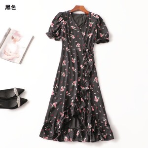243334 夏连衣裙 女加长款短袖V领.M.L.XL