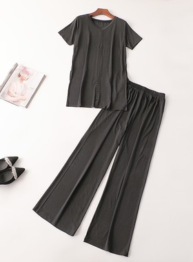 242817 莫代尔夏长款圆领短袖T恤裤子套装