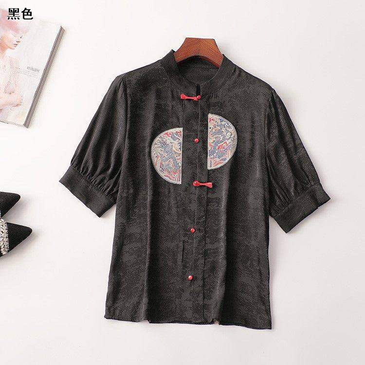 408980 夏衬衫 女绣花中长款五分袖立领