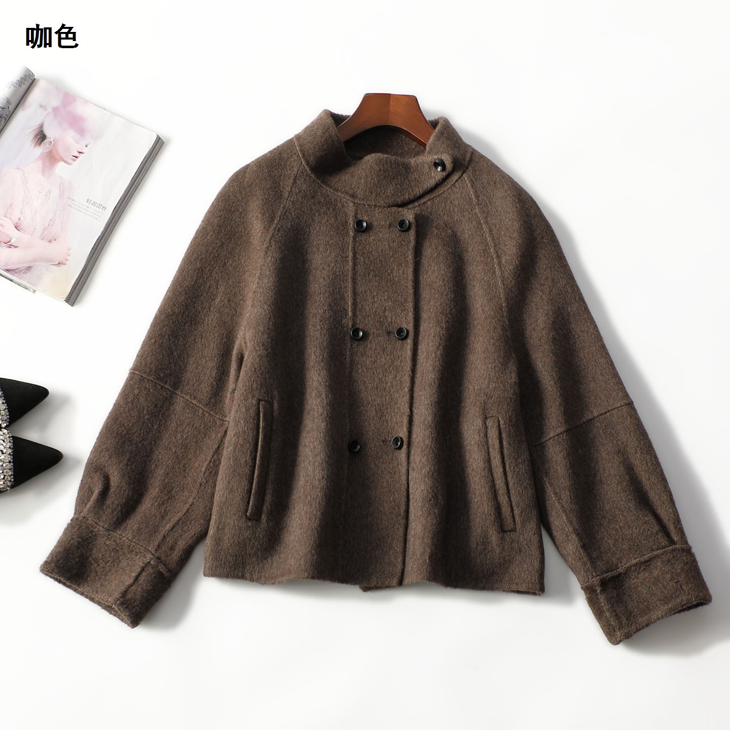 412937 冬双面呢大衣 女中长款九分袖双排扣