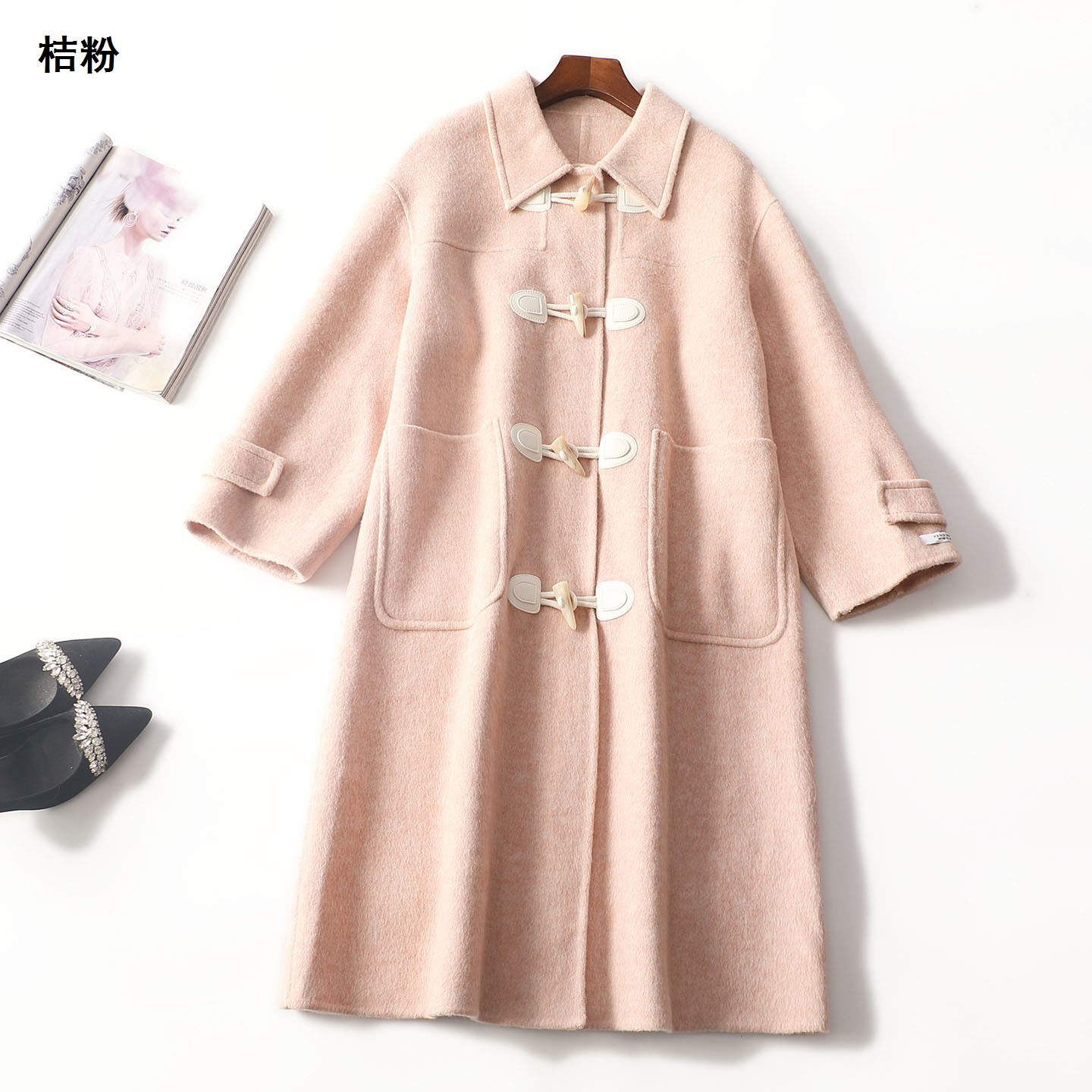 247873 冬加长款单排扣九分袖双面呢大衣