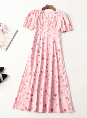 411226清货超值品质精品女装欧货碎花长裙夏加长款V领短袖连衣裙