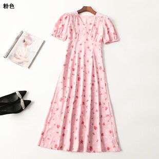 411226清货超值品质精品女装欧货碎花长裙夏加长款V领短袖连衣裙