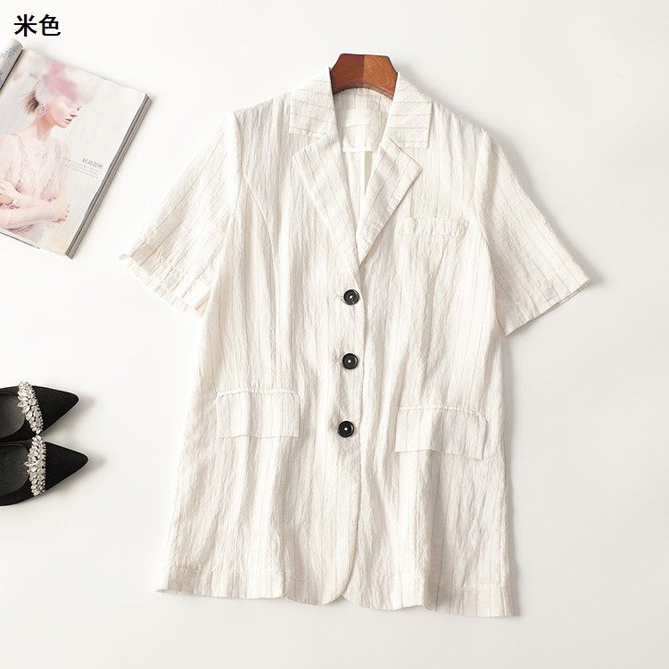 411075推荐南油原创金晖高货设计师品牌高档女装麻夏翻领短袖外套