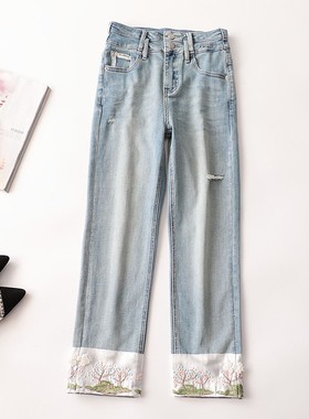 410123超值高性价比精品女装女士秋九分绣花钉珠国风牛仔裤