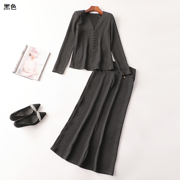 410262 秋衬衣半身裙套装 女长款长袖V领清仓