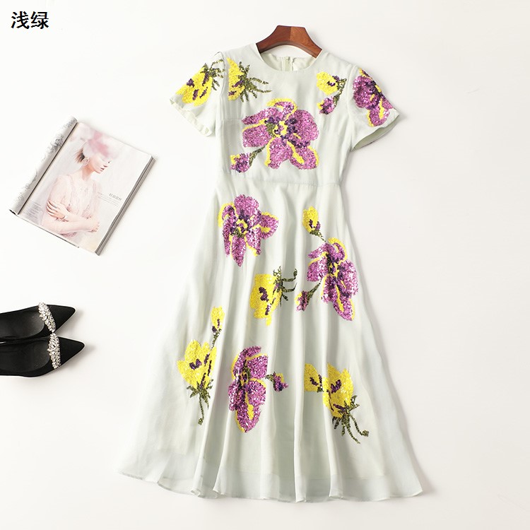 410805强烈推荐南南油高端轻奢重工欧美走秀夏长裙短袖亮片连衣裙