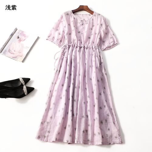 248984大气女装精品苎MA花色大长裙舒适夏加长款短袖连衣裙