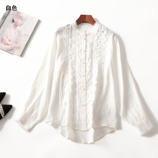 412046超值推荐精品女装天丝麻重工洋气白色春秋单排扣长袖衬衫